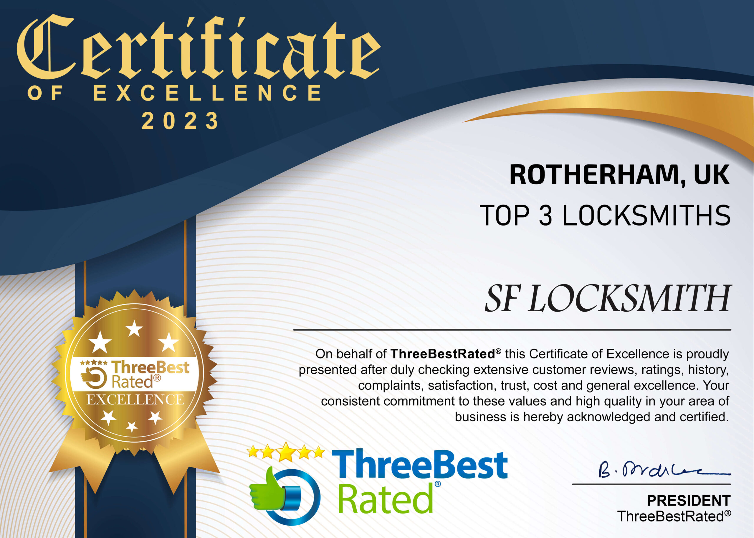 SF Locksmith Rotherham wins certificate of excellent 2023 from Three Best Rated